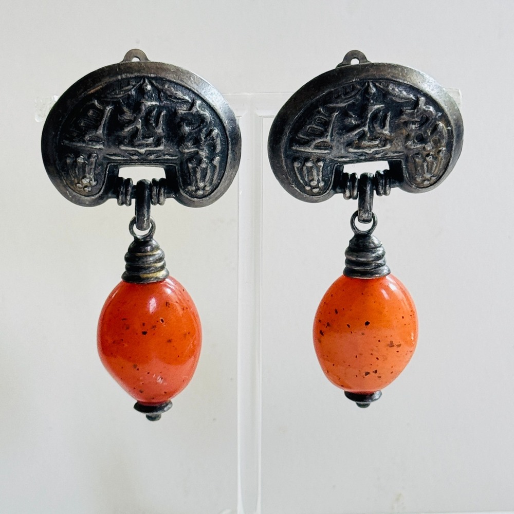 Sterling Silver Orange Drop Earrings with Beaded Accent